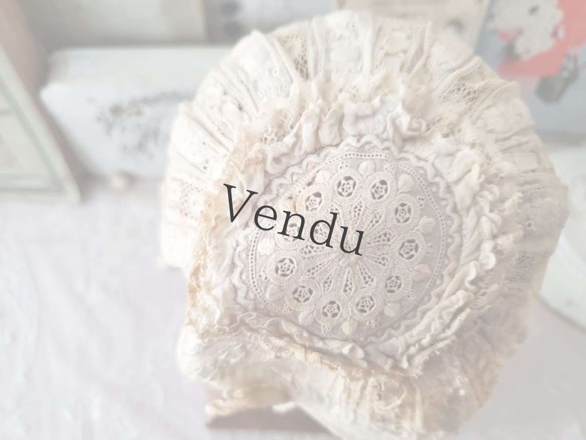 画像5: フランスアンティーク　白糸刺繍とリボンの小さなボネ (5)