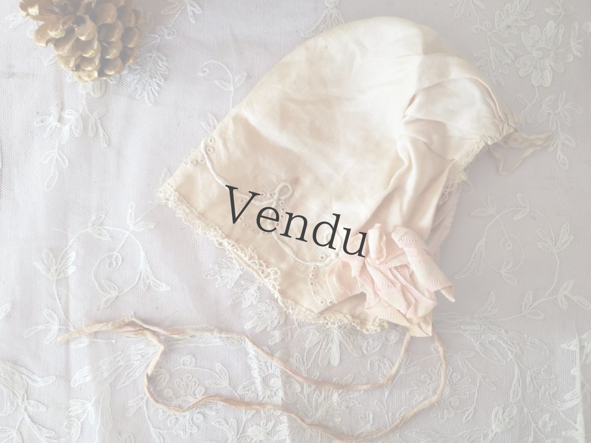 画像2: フランスアンティーク　刺繍とリボンの小さなボネ  ピンク (2)