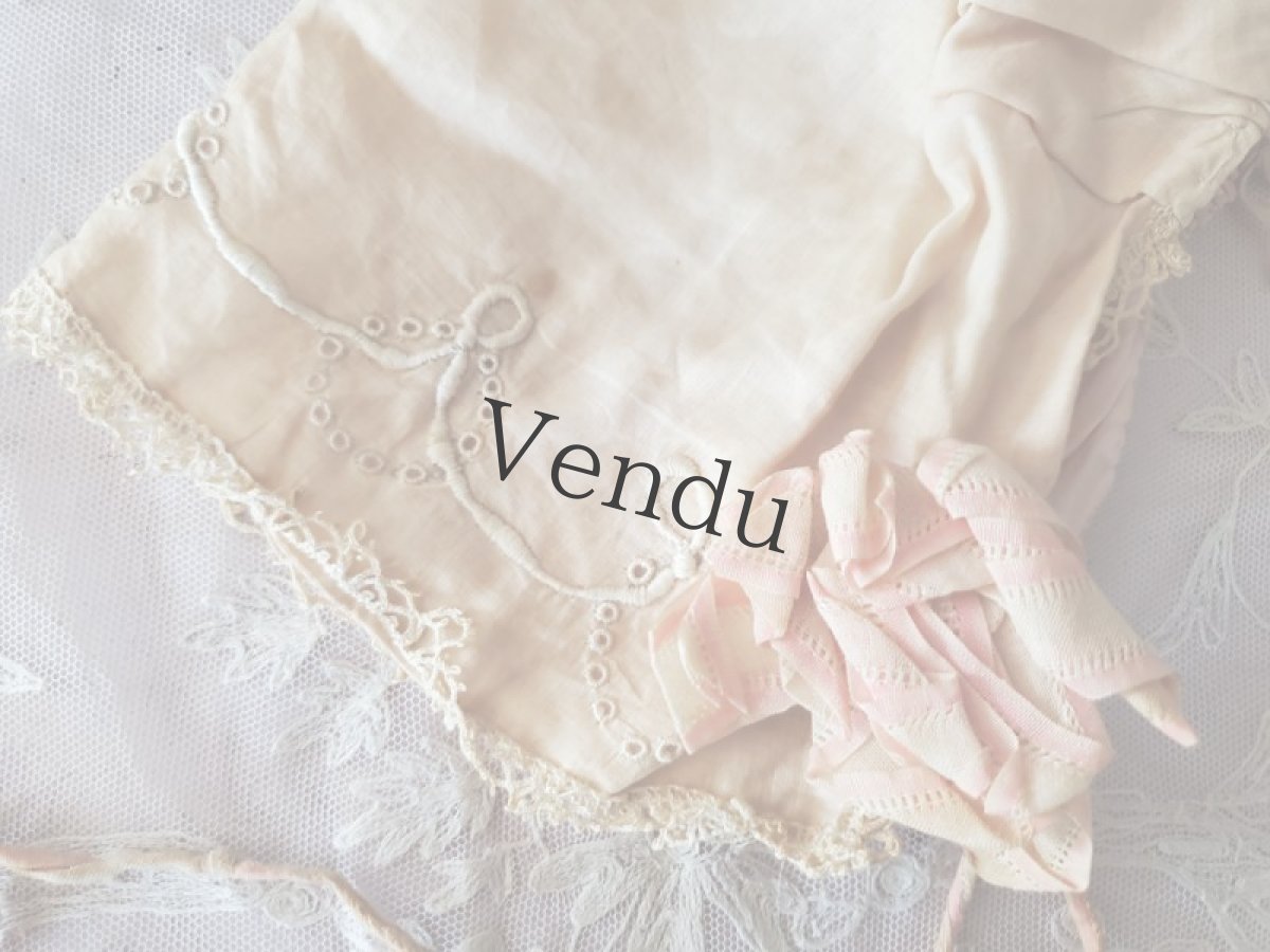 画像3: フランスアンティーク　刺繍とリボンの小さなボネ  ピンク (3)