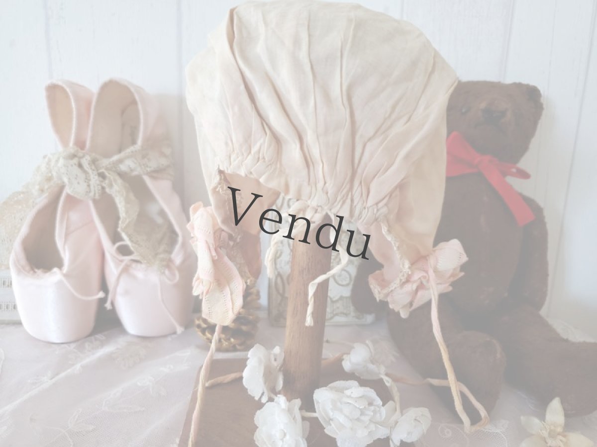 画像8: フランスアンティーク　刺繍とリボンの小さなボネ  ピンク (8)