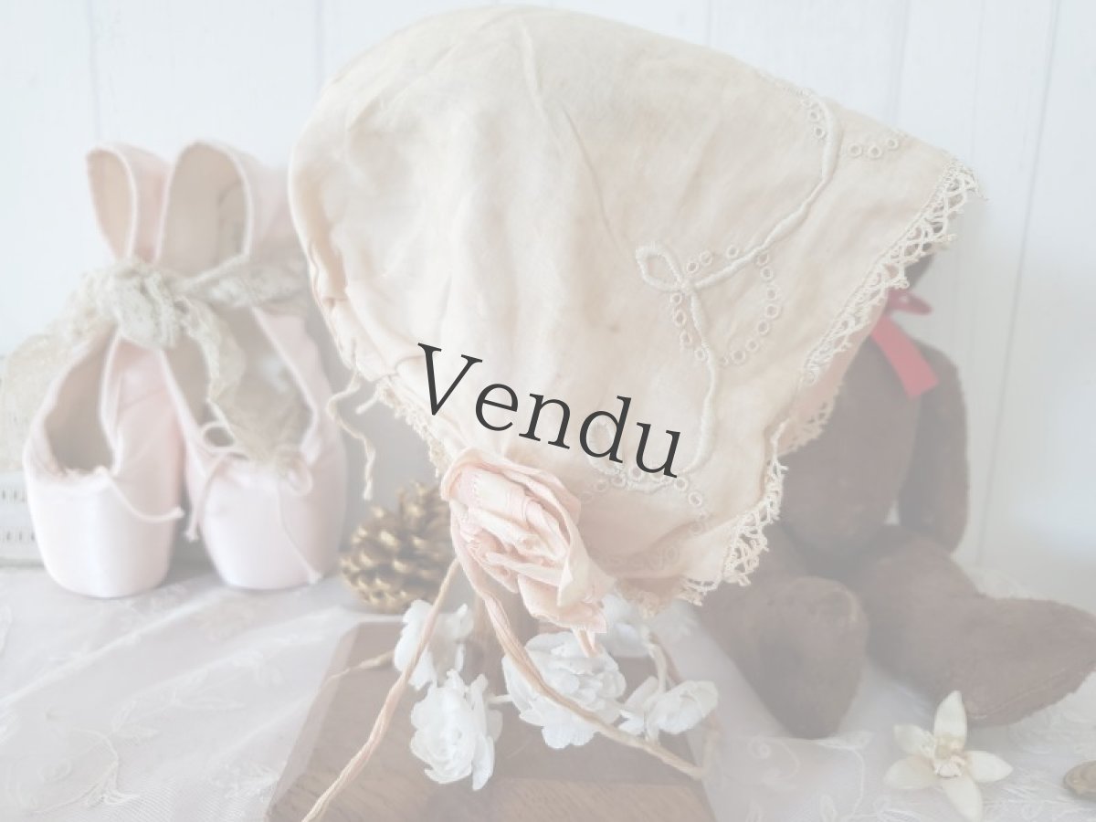 画像7: フランスアンティーク　刺繍とリボンの小さなボネ  ピンク (7)