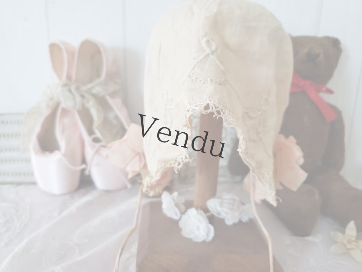 画像6: フランスアンティーク　刺繍とリボンの小さなボネ  ピンク (6)