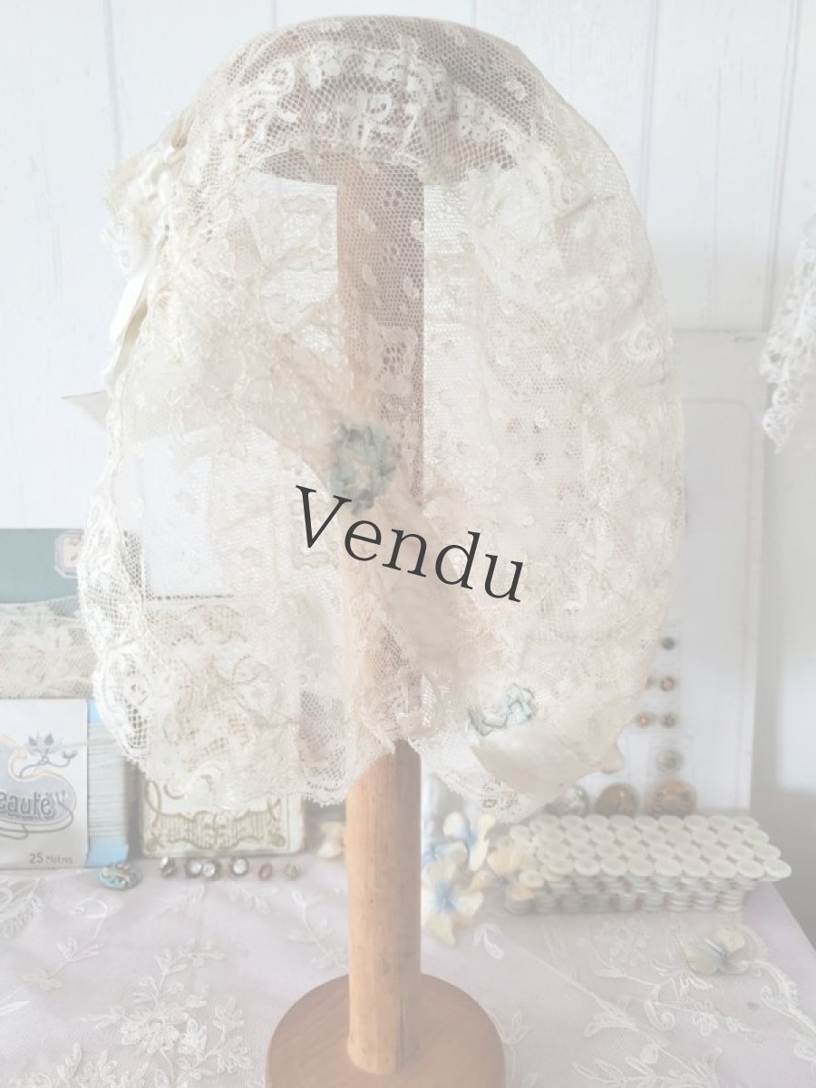 画像4: フランスアンティーク　水色ロココトリムとシルクリボンのボネ (4)