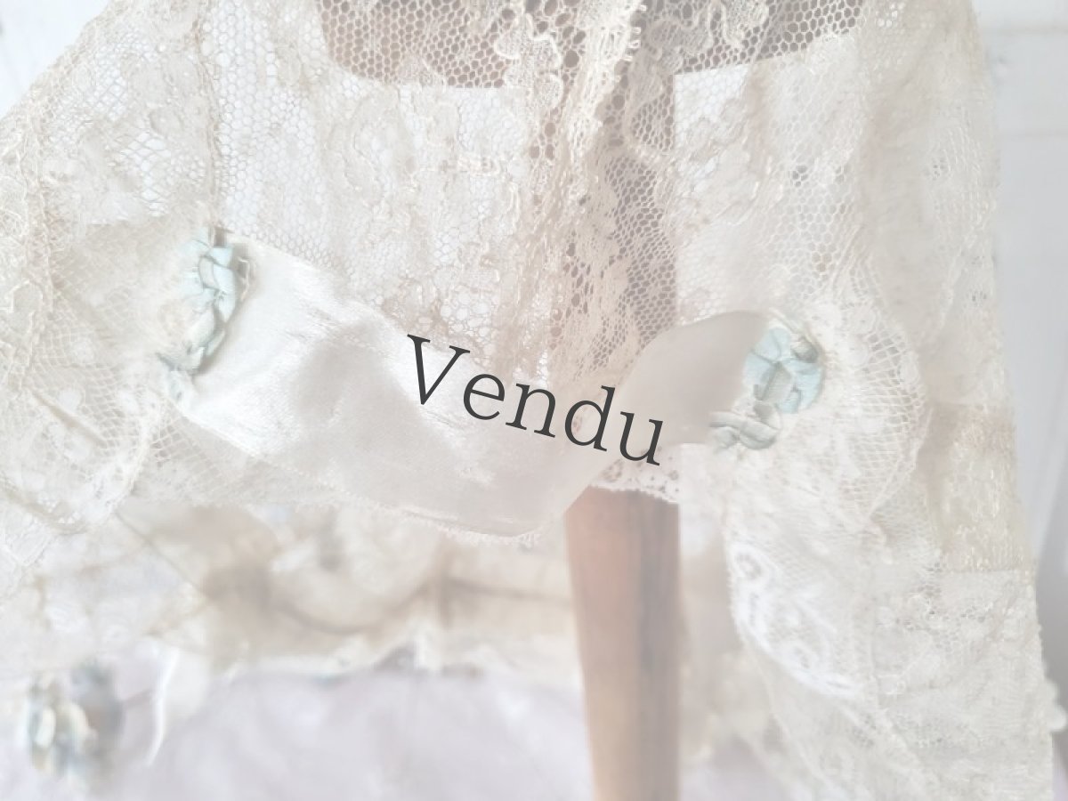 画像8: フランスアンティーク　水色ロココトリムとシルクリボンのボネ (8)