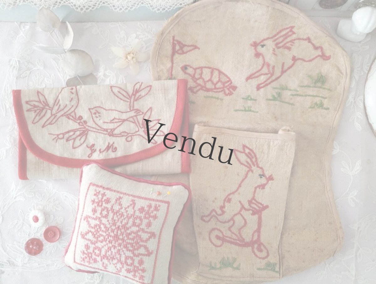 画像6: フランスヴィンテージ　赤糸刺繍のピンクッション　エパングルつき (6)