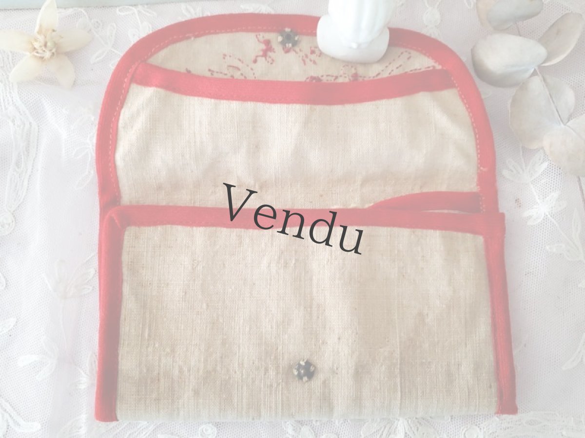 画像3: フランスヴィンテージ　赤糸刺繍のお裁縫ポーチ (3)