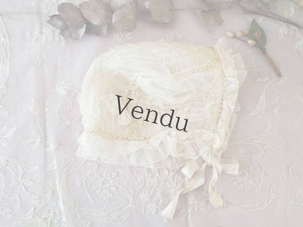 画像3: フランスアンティーク　チュールレースとサテンリボンのちいさなボネ (3)