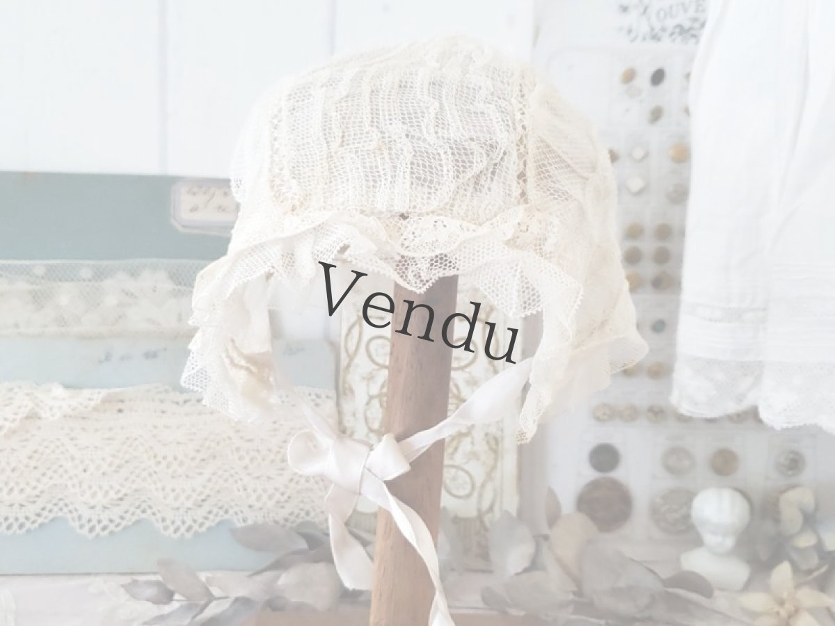 画像8: フランスアンティーク　チュールレースとサテンリボンのちいさなボネ (8)