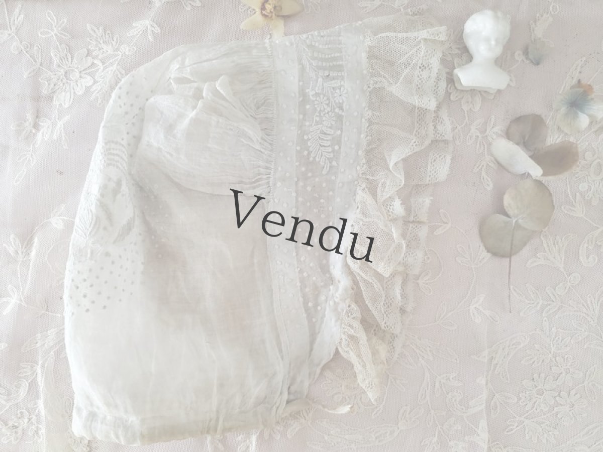 画像3: フランス 1910年代 リネンローン地 白糸刺繍のボネ (3)