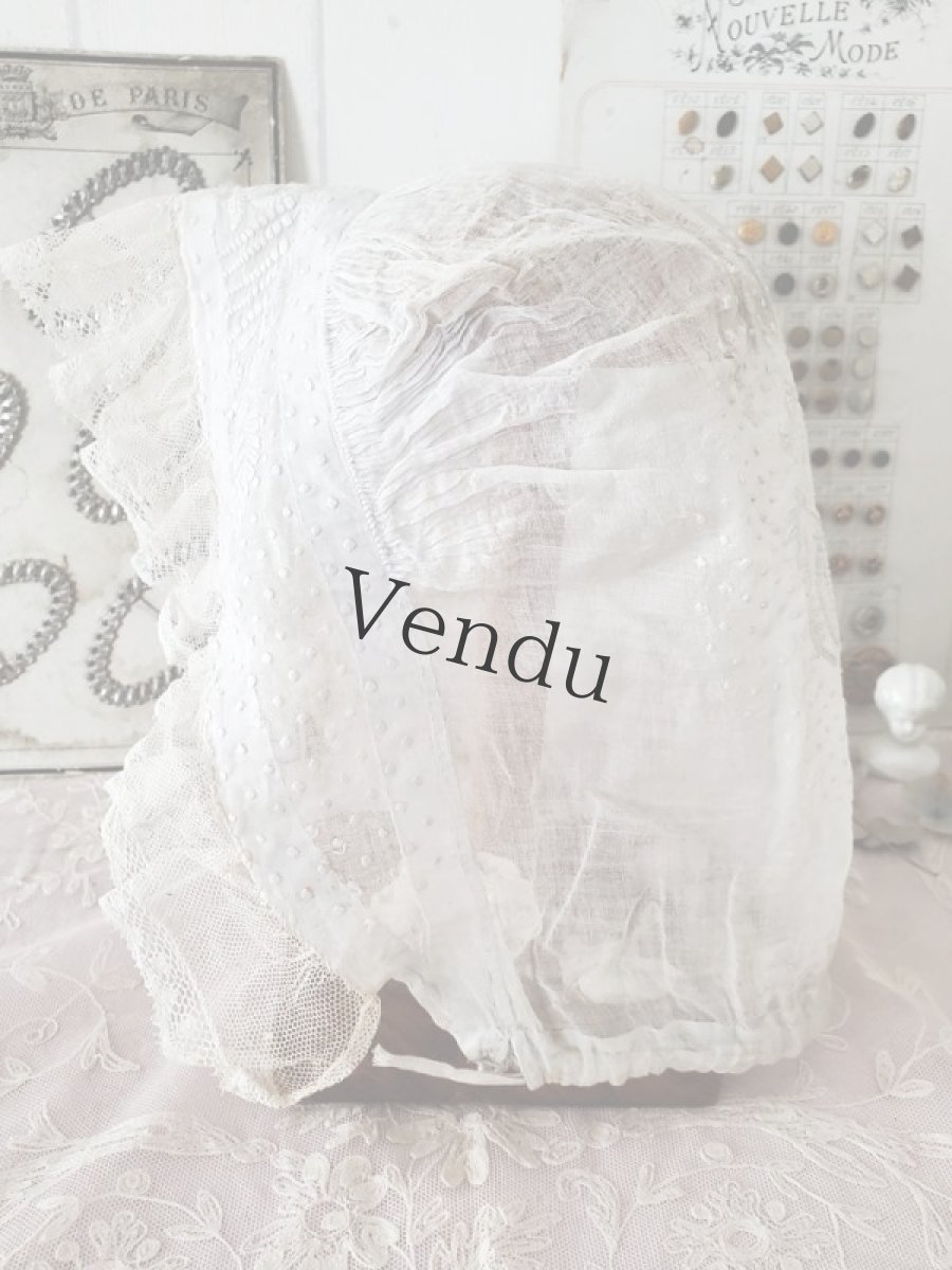 画像6: フランス 1910年代 リネンローン地 白糸刺繍のボネ (6)