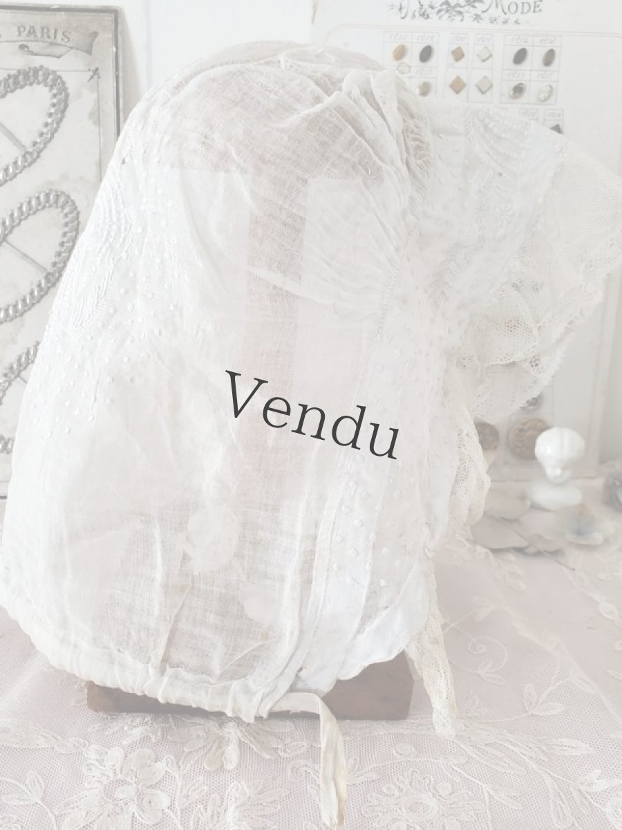 画像8: フランス 1910年代 リネンローン地 白糸刺繍のボネ (8)