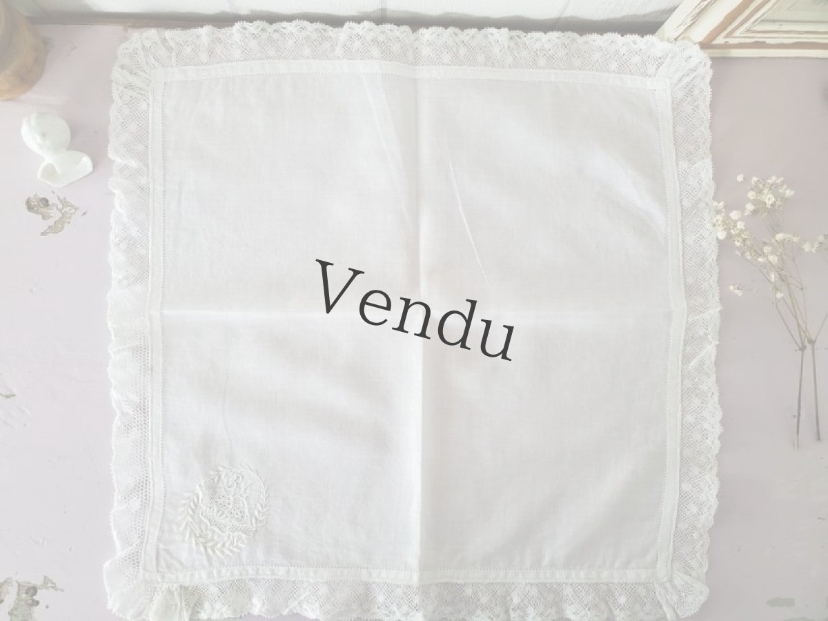 画像3: フランスアンティーク　レースハンカチ　イニシャル刺繍 (3)