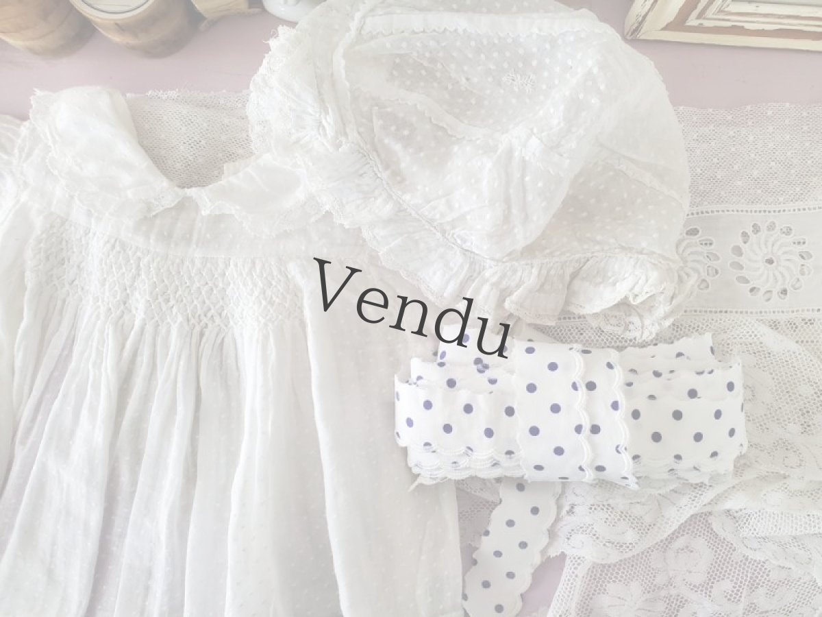 画像10: フランスアンティーク　水玉模様のローン地ボネ (10)