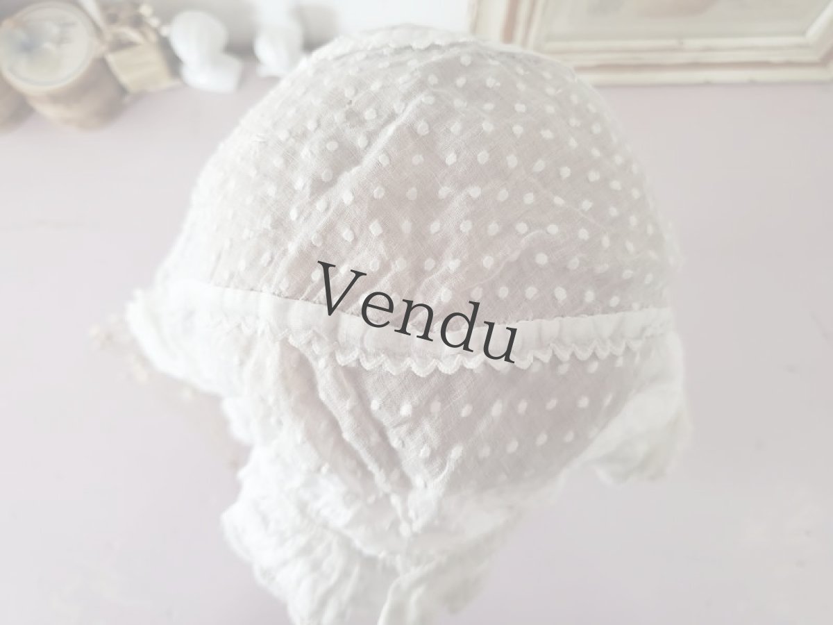 画像6: フランスアンティーク　水玉模様のローン地ボネ (6)