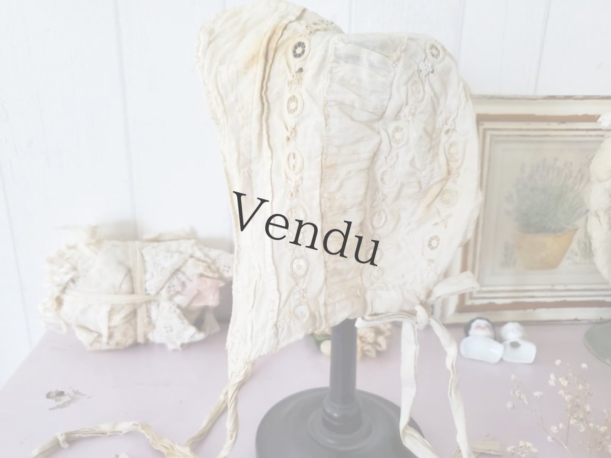 画像6: フランスアンティーク　コットン刺繍ボネ (6)