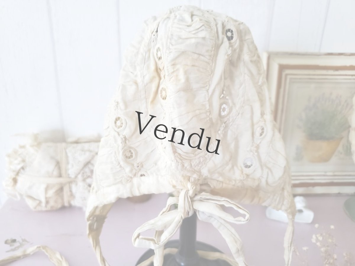 画像7: フランスアンティーク　コットン刺繍ボネ (7)