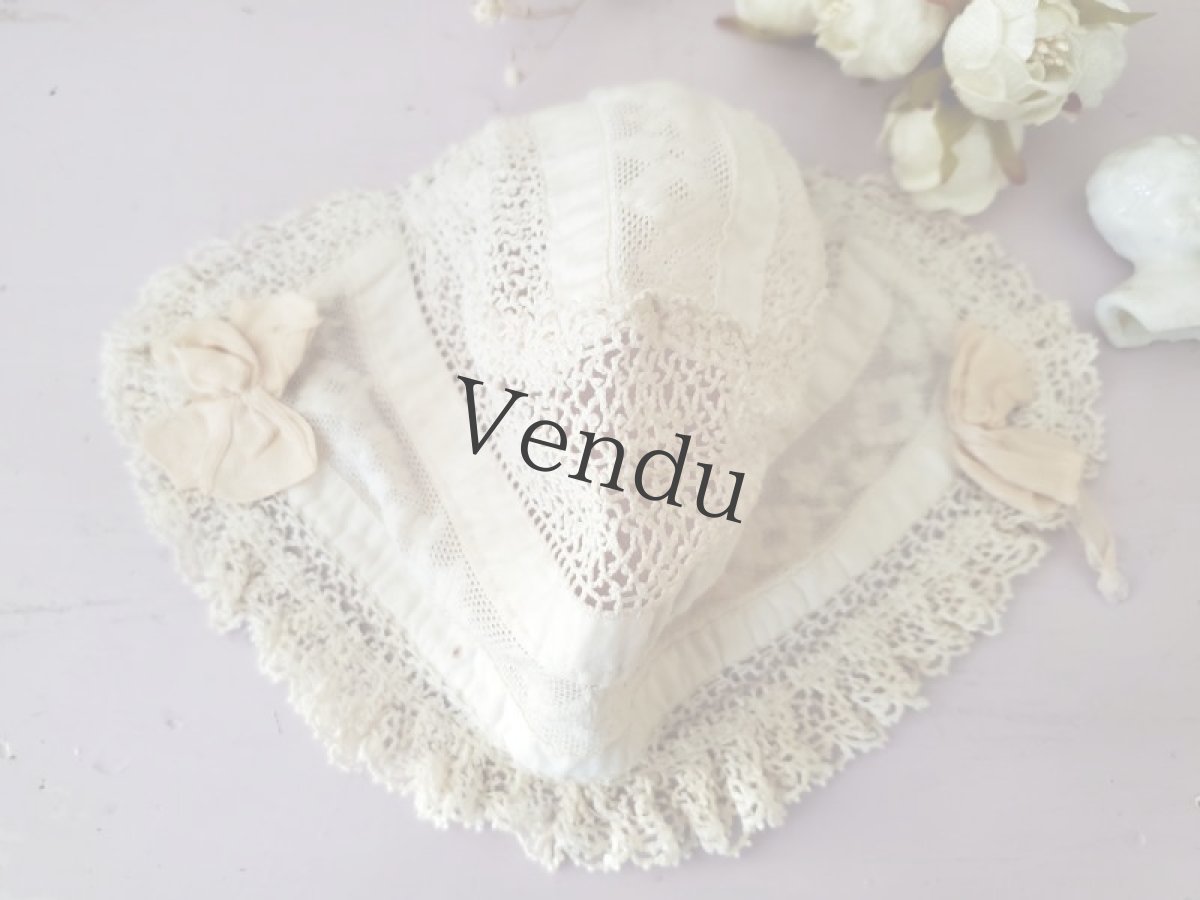 画像3: フランスアンティーク　リボンつきレースの小さなボネ (3)