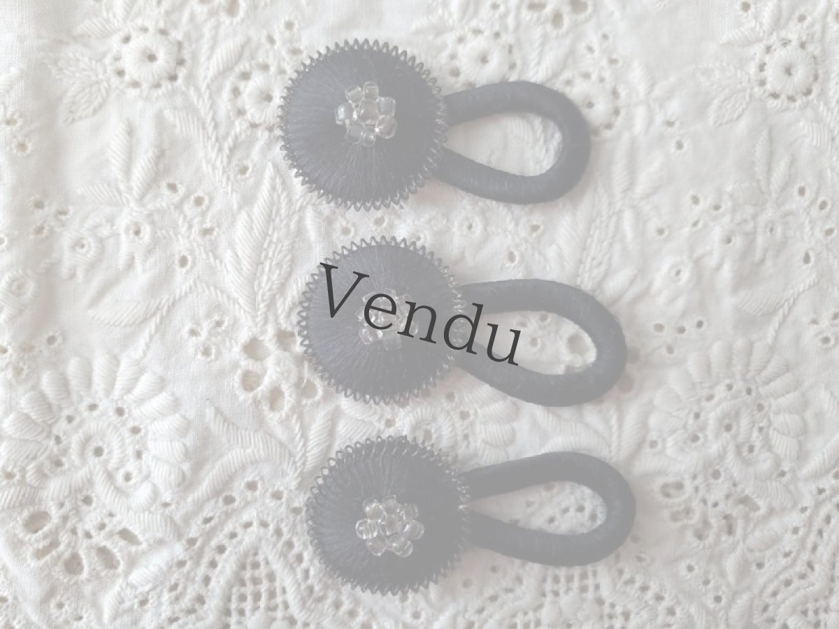 画像2: フランスアンティーク シルクとビーズの飾りボタン 黒 17mm (2)