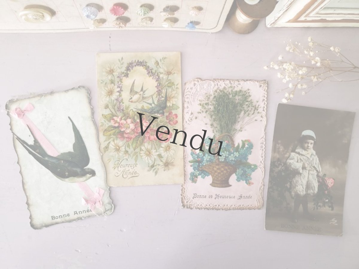 画像5: フランス 1900-1940年 Heureuse Année ポストカード ツバメとお花 (5)