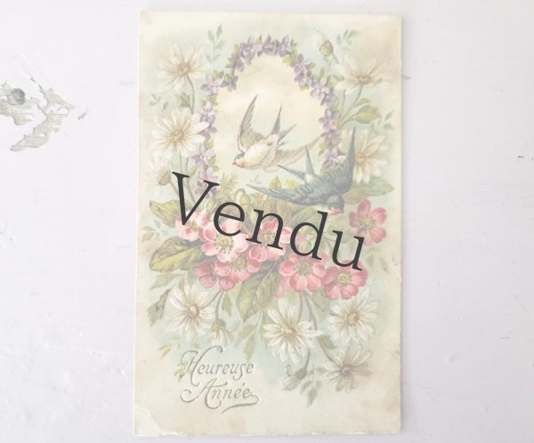 フランス 1900-1940年 Heureuse Année ポストカード ツバメとお花 フランス 1900-1940年 Heureuse Année ポストカード ツバメとお花