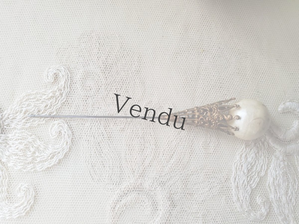 画像5: フランスアンティーク　メタル装飾パールのハットピン 12.5cm (5)