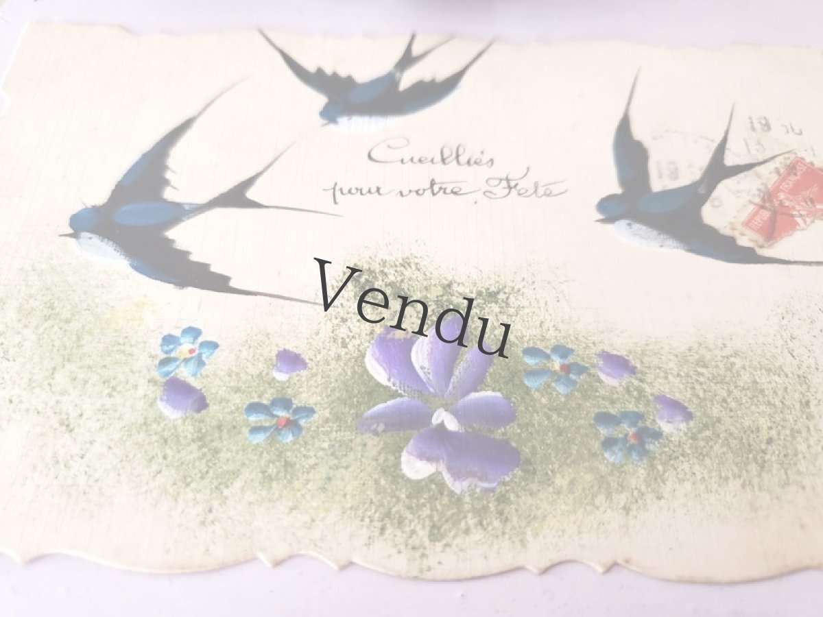 画像2: フランス 1900-20年代 ポストカード ツバメとすみれ (2)