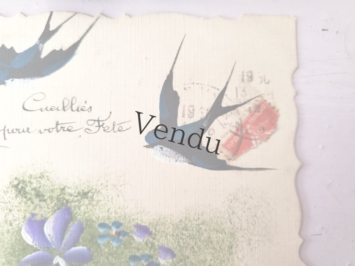 画像3: フランス 1900-20年代 ポストカード ツバメとすみれ (3)