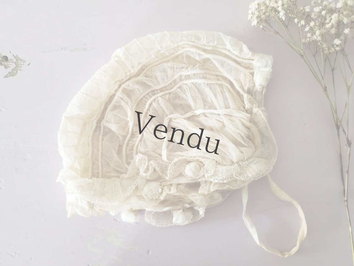 画像3: フランスアンティーク　白ばらモチーフとチュールレースのボネ　 (3)