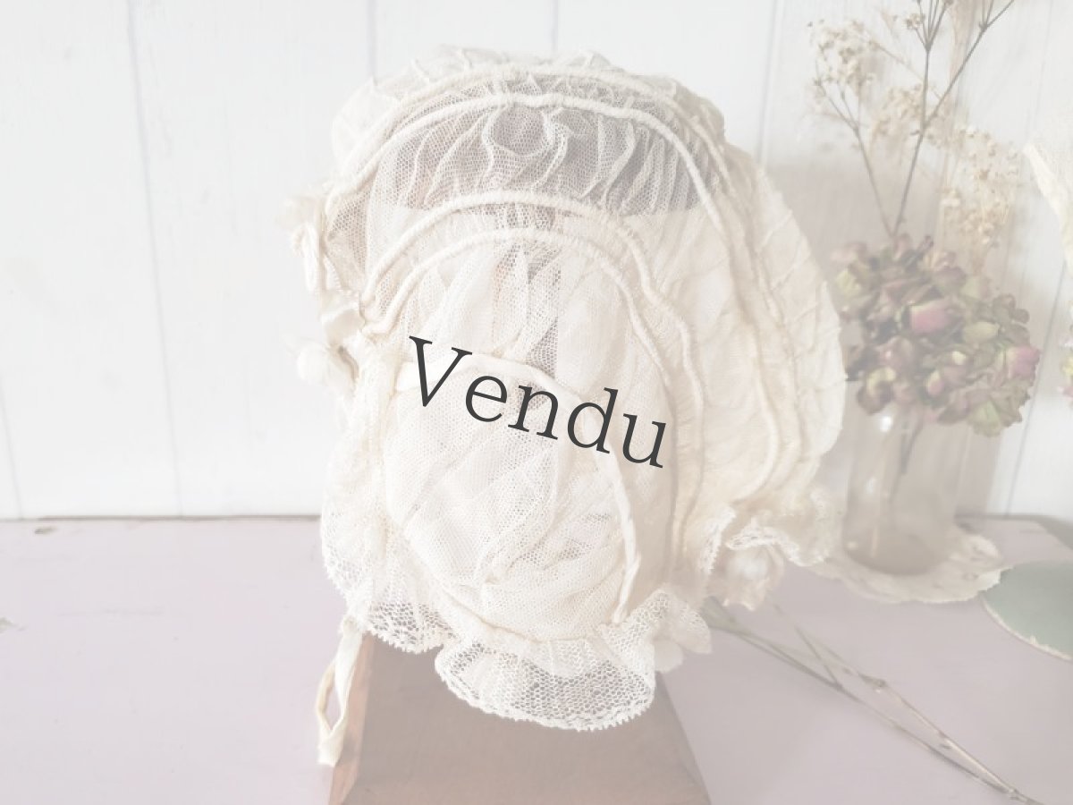 画像9: フランスアンティーク　白ばらモチーフとチュールレースのボネ　 (9)