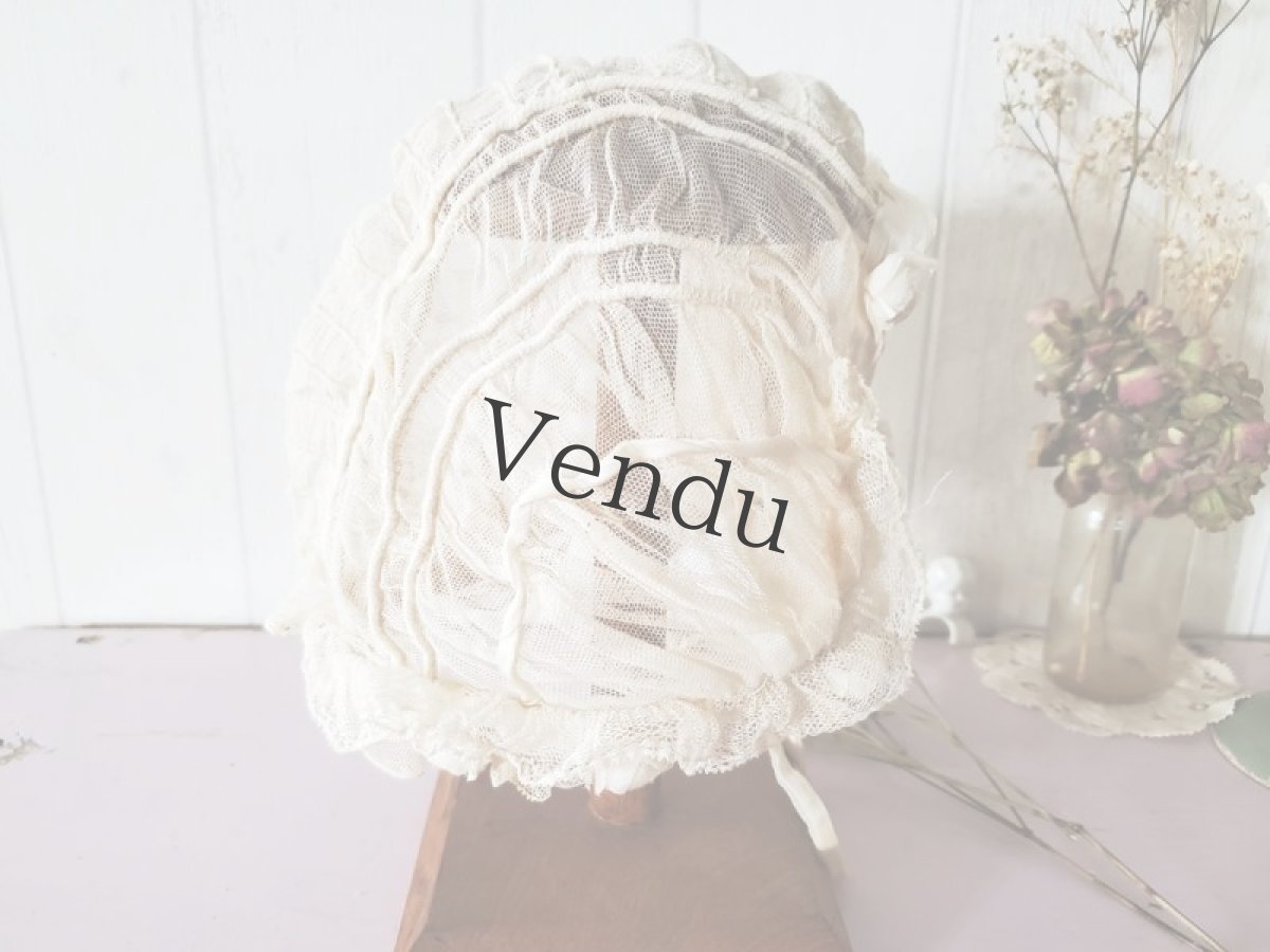 画像11: フランスアンティーク　白ばらモチーフとチュールレースのボネ　 (11)