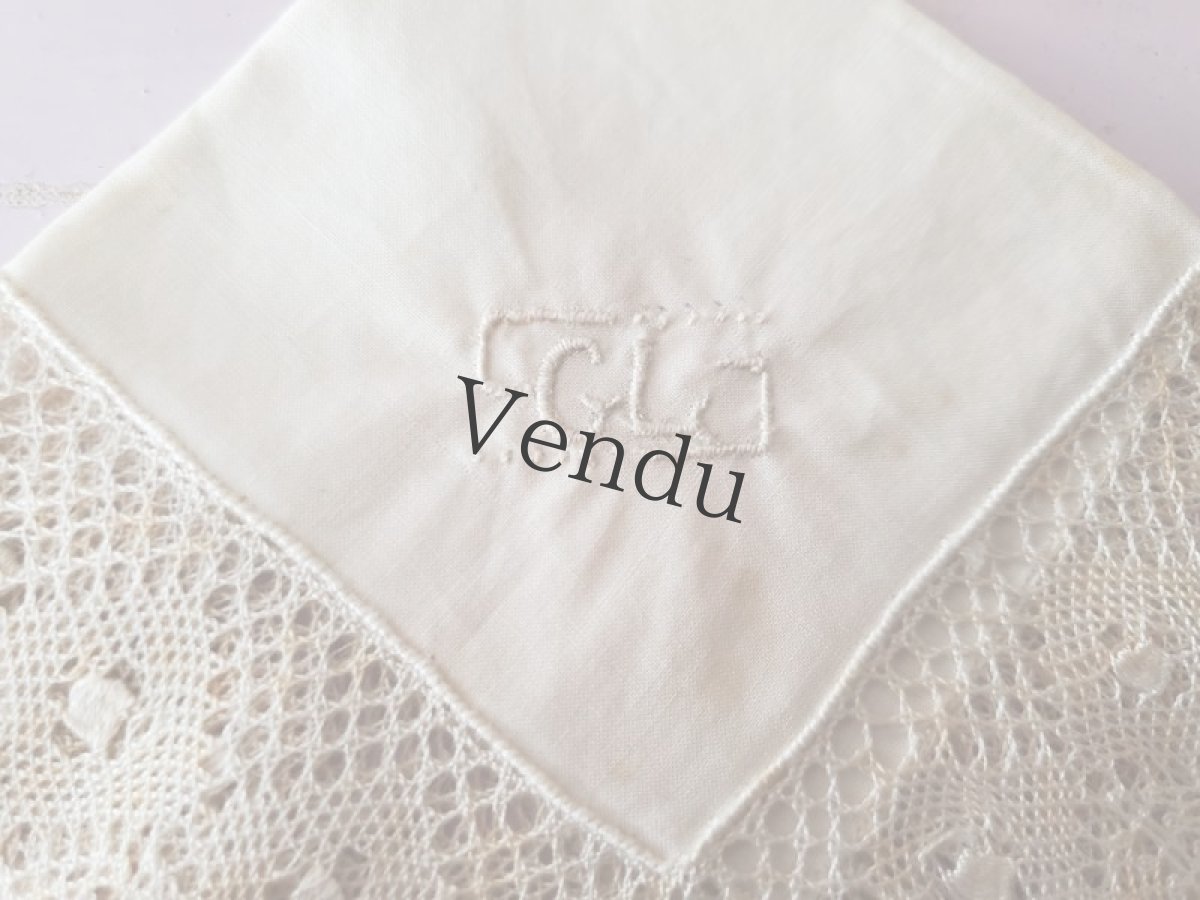 画像2: フランスヴィンテージ ボビンレースハンカチ イニシャル刺繍 GL (2)