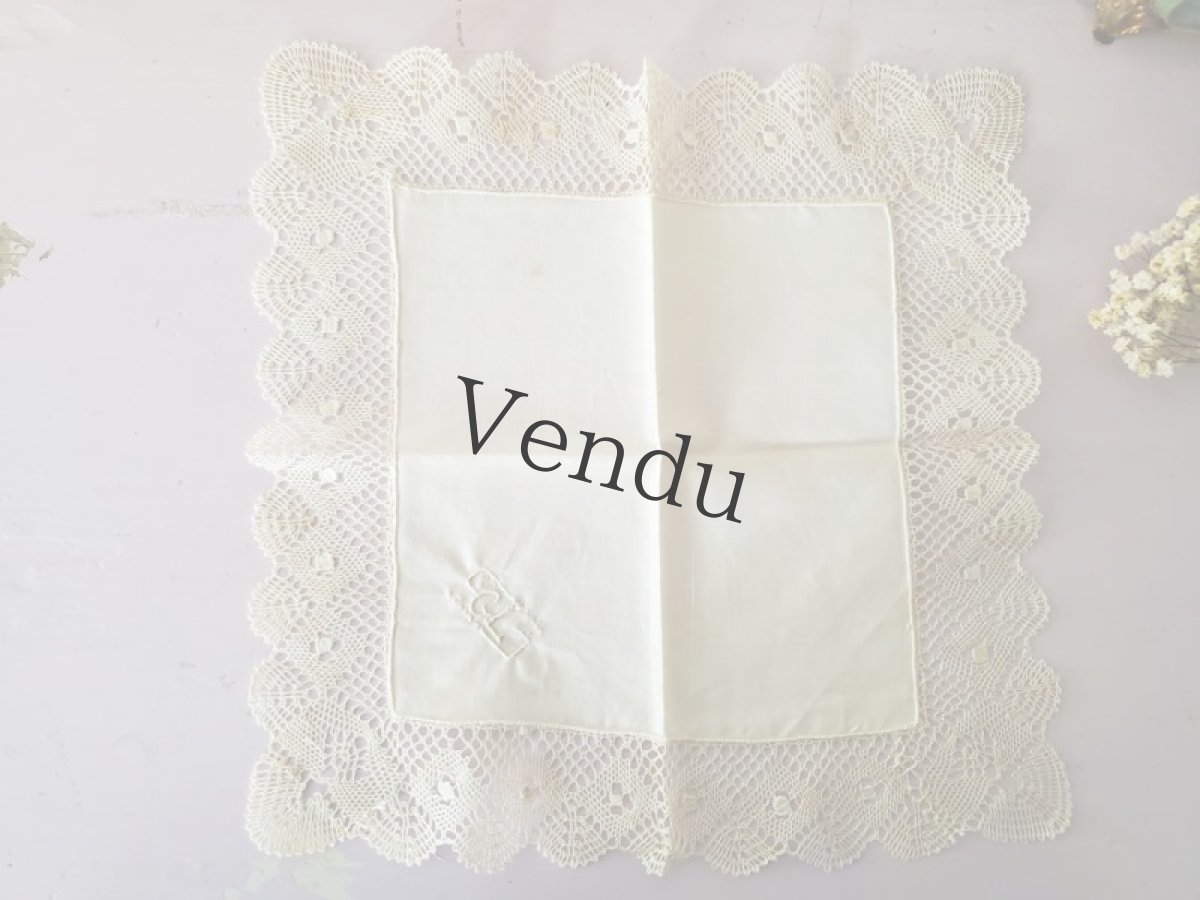 画像3: フランスヴィンテージ ボビンレースハンカチ イニシャル刺繍 GL (3)
