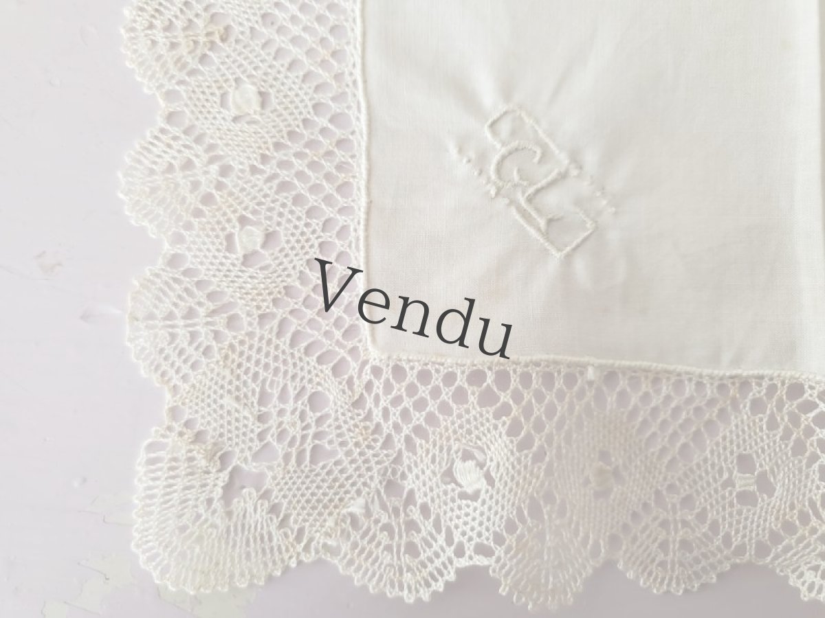 画像4: フランスヴィンテージ ボビンレースハンカチ イニシャル刺繍 GL (4)