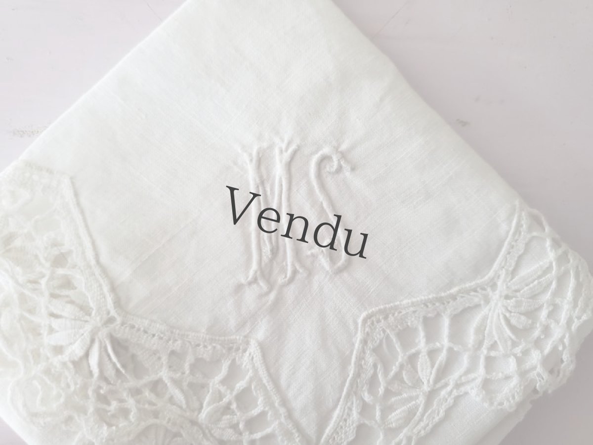 画像2: フランスヴィンテージ ボビンレースハンカチ イニシャル刺繍 MS (2)