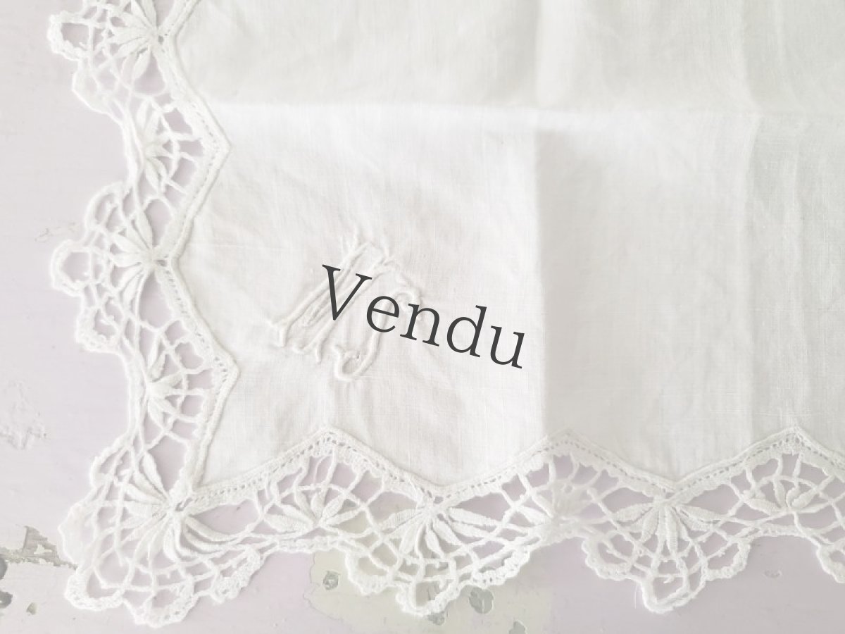 画像4: フランスヴィンテージ ボビンレースハンカチ イニシャル刺繍 MS (4)