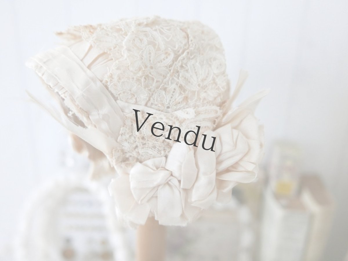 画像2: フランスアンティーク　シルクリボンのちいさなボネ (2)