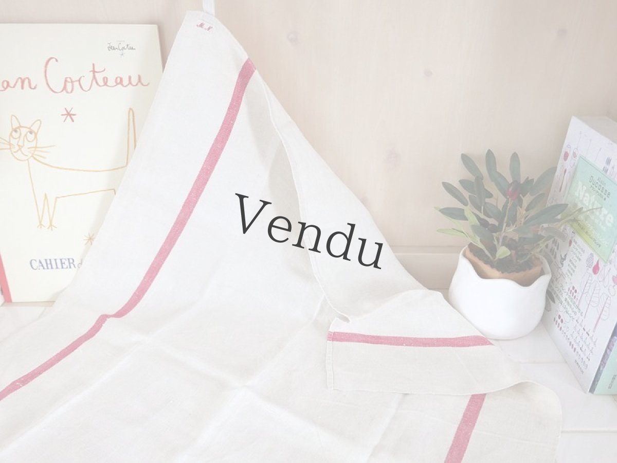 画像4: フランスアンティーク　赤いラインが2本入ったリネンのト－ション (4)