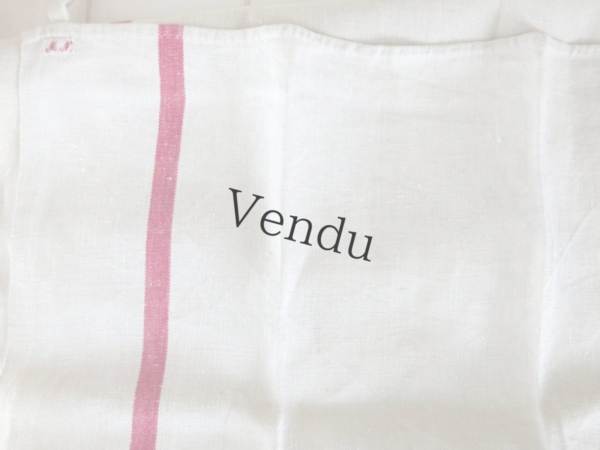 画像3: フランスアンティーク　赤いラインが2本入ったリネンのト－ション (3)