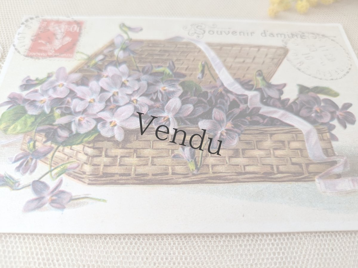 画像2: フランス 1900-40年代 切手付きポストカード スミレとパニエ (2)