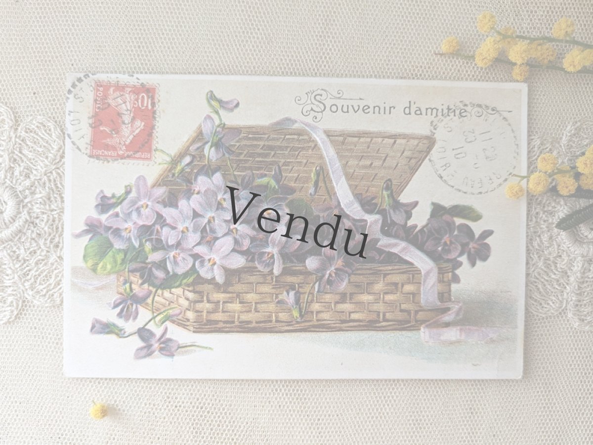 画像1: フランス 1900-40年代 切手付きポストカード スミレとパニエ (1)