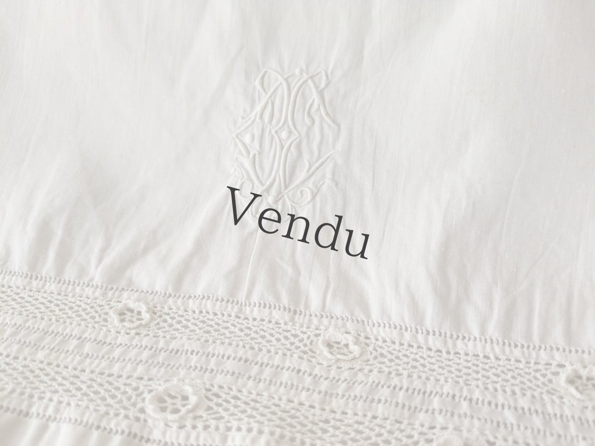 画像3: フランスヴィンテージ　CHイニシャル刺繍入り リネンシーツ (3)