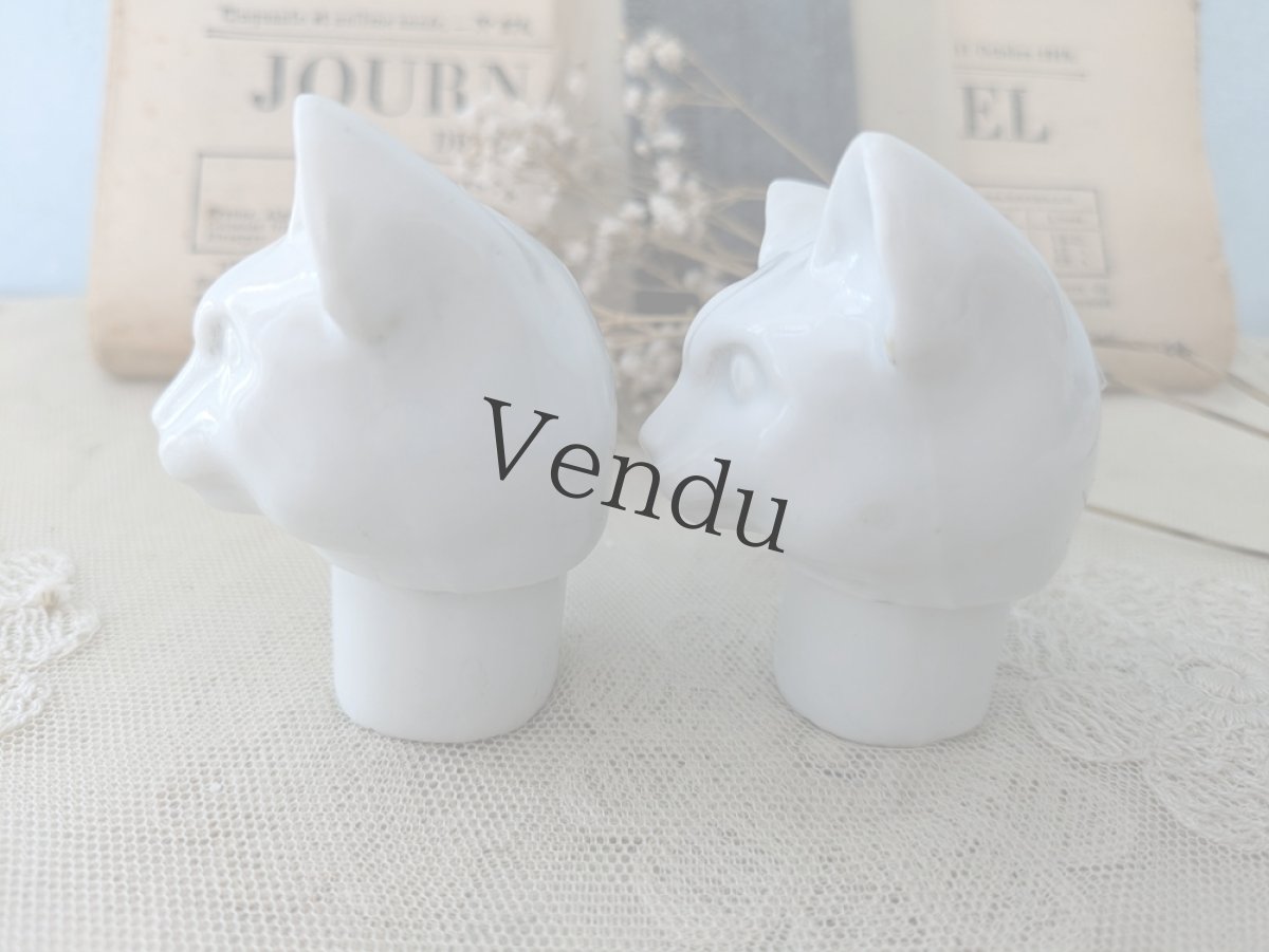 画像4: フランス 1910-1920年  ポーセリン ねこの頭 2体セット (4)