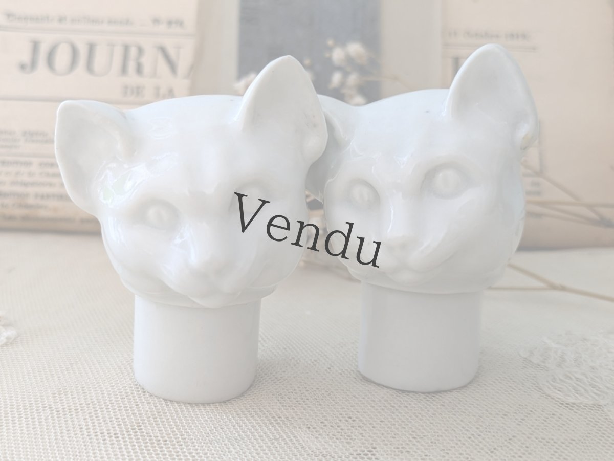 画像1: フランス 1910-1920年  ポーセリン ねこの頭 2体セット (1)