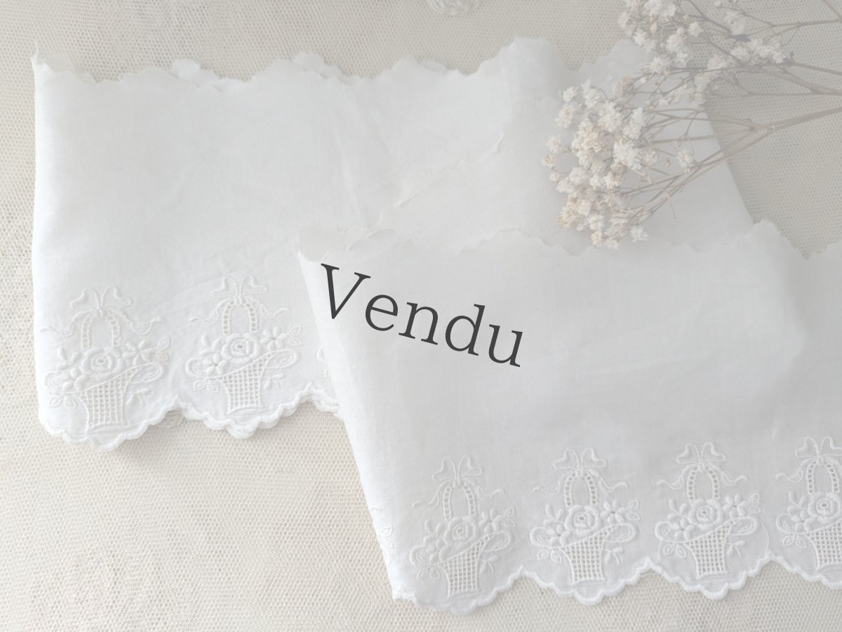 画像1: フランスヴィンテージ　幅広刺繍スカラップレース 花籠 93cm (1)