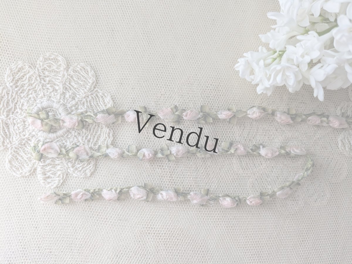 画像2: フランスアンティーク　シルクロココリボン ピンク×モスグリーン (2)