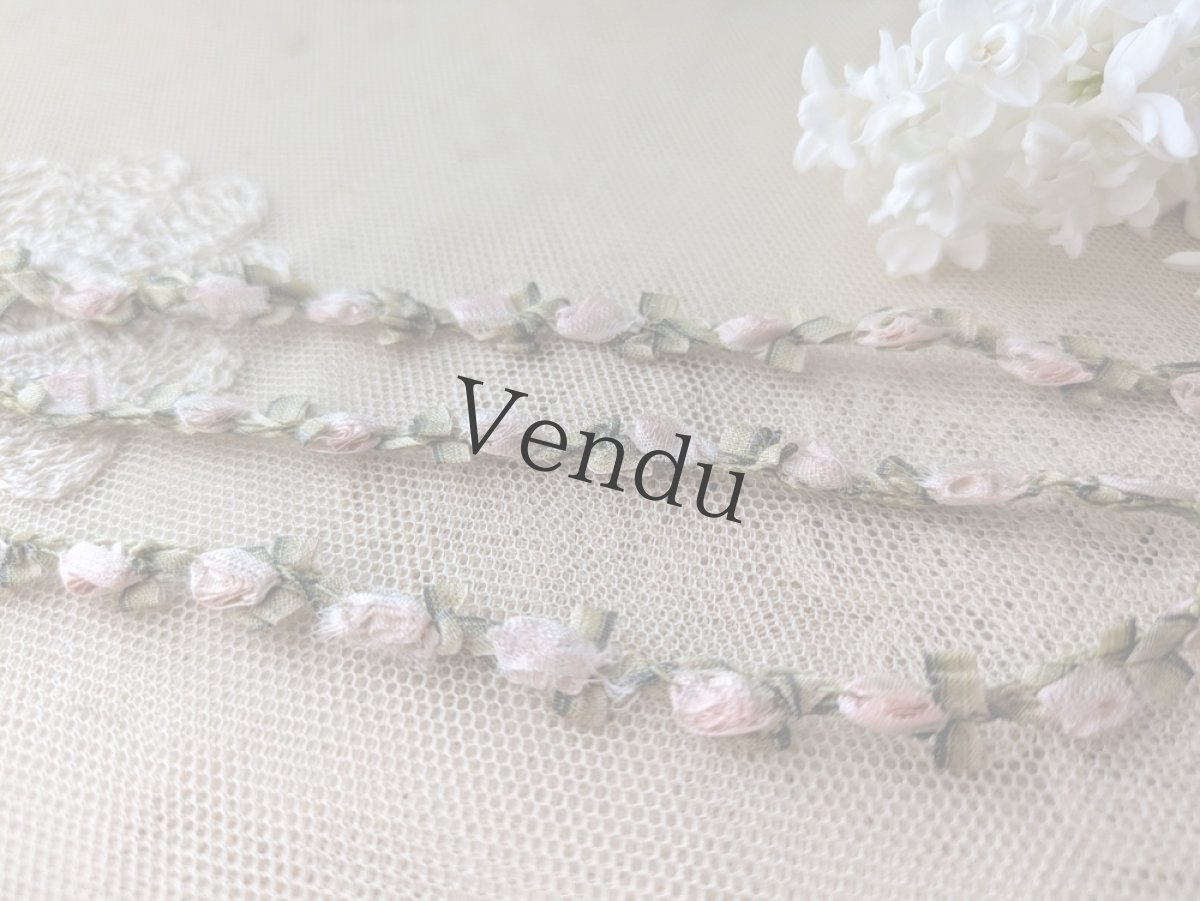 画像3: フランスアンティーク　シルクロココリボン ピンク×モスグリーン (3)