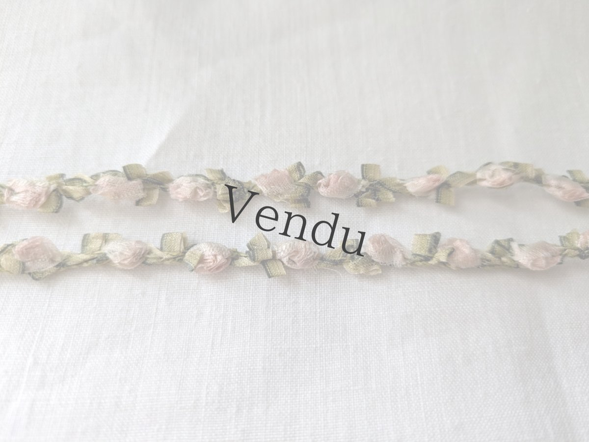 画像4: フランスアンティーク　シルクロココリボン ピンク×モスグリーン (4)