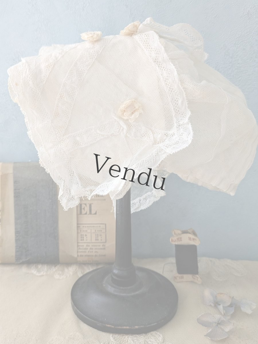 画像6: フランスヴィンテージ　レースと花モチーフのボネ (6)