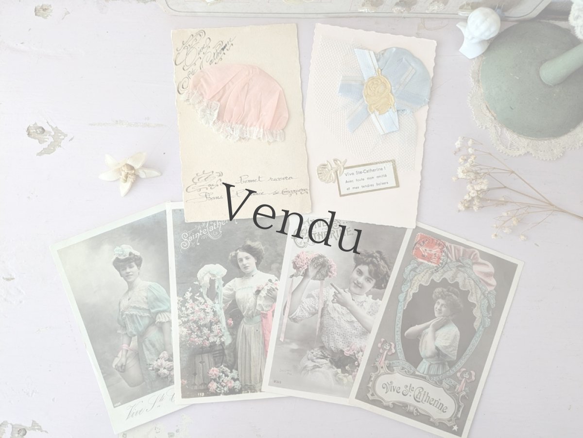 画像6: フランスアンティーク Ste-Catherine ボネ ポストカード ピンク (6)