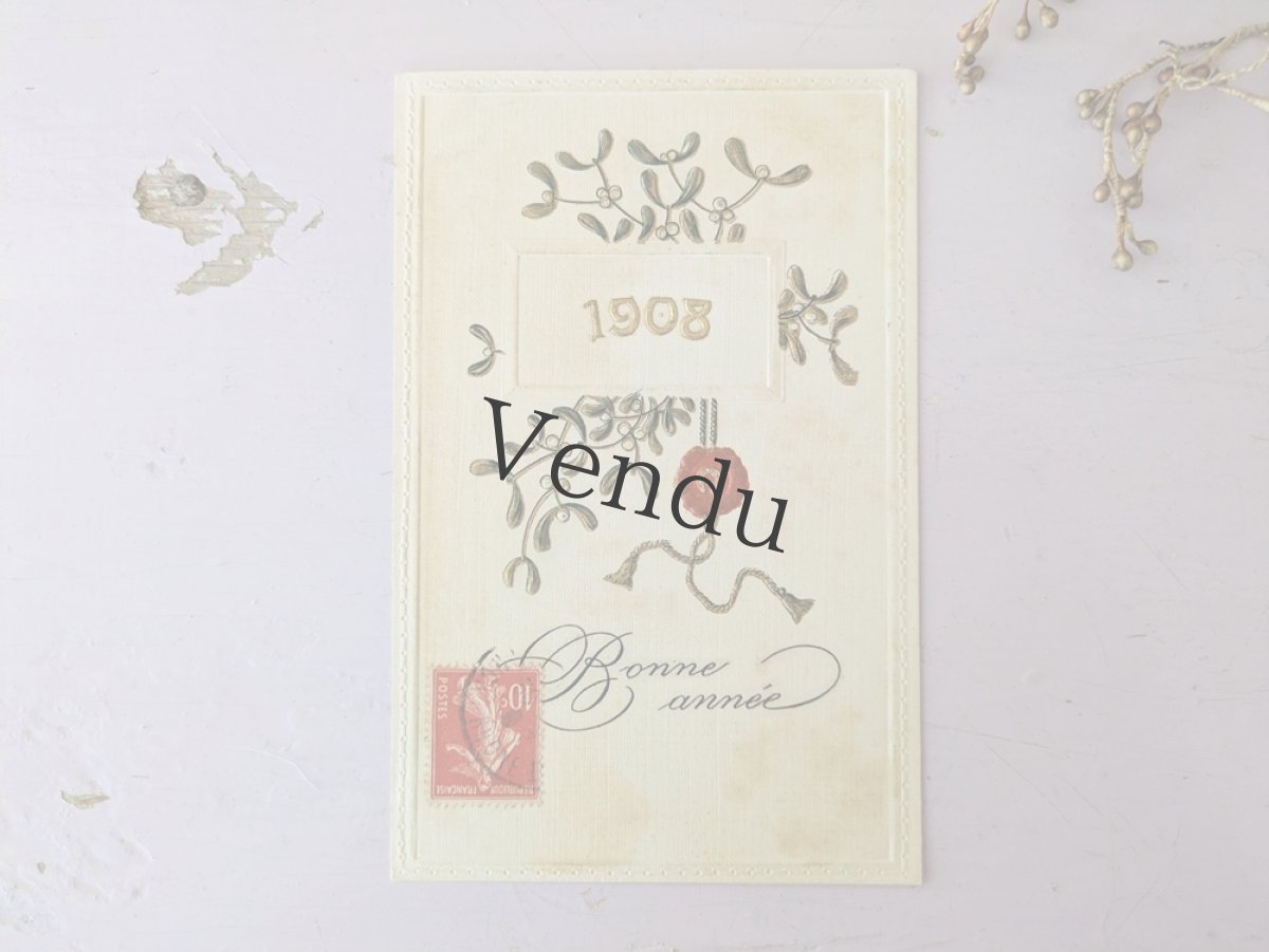 画像1: フランス 1908年 Bonne Année 切手つきポストカード ヤドリギ (1)